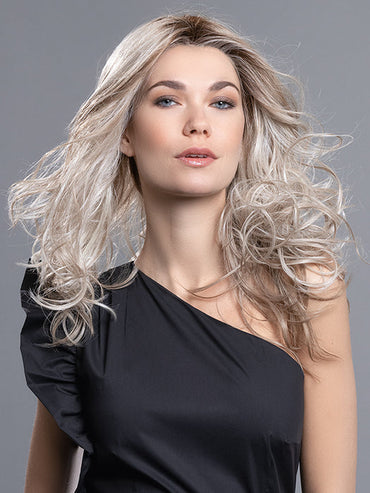 DIVA by ELLEN WILLE in CHAMPAGNE ROOTED 24.14.20 | Lightest Ash Blonde, Medium Ash Blonde, and Light Strawberry Blonde blend with Dark Shaded Roots