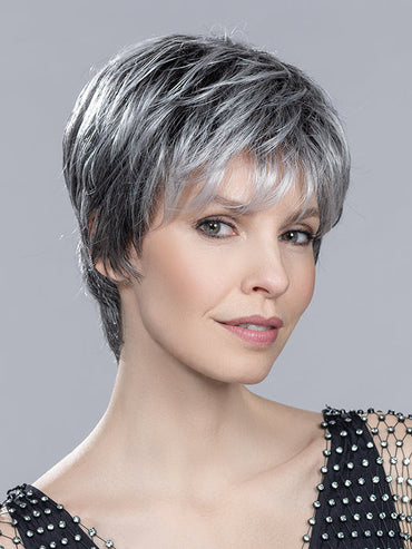 LOVE COMFORT by ELLEN WILLE in SALT/PEPPER ROOTED 51.44.39 | Black/Dark Brown, Darkest Brown, and Lightest Brown with Grey Blend and Shaded Roots